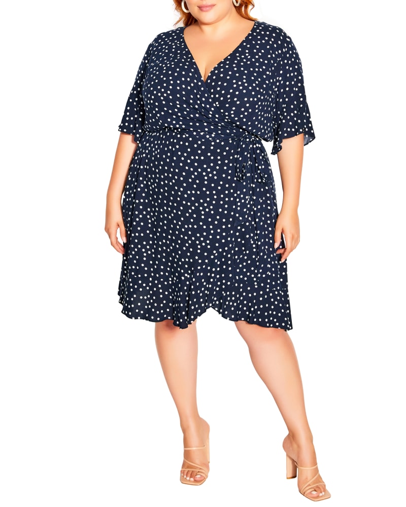Front of a model wearing a size XS Elsie Lover Spot Dress in Navy / White by City Chic. | dia_product_style_image_id:234040